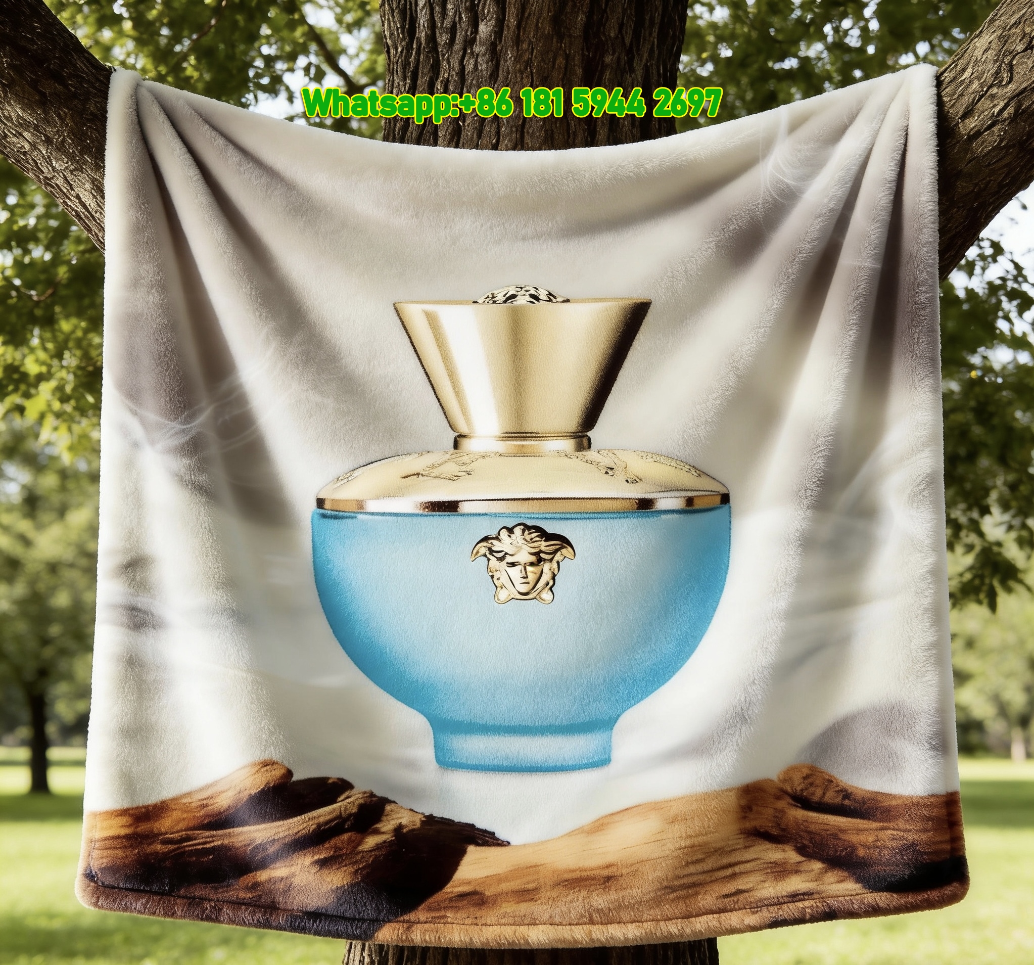 Versace Turquoise Blue Medusa Bottle Printed Flannel Sofa Throw Blanket IMG_1641